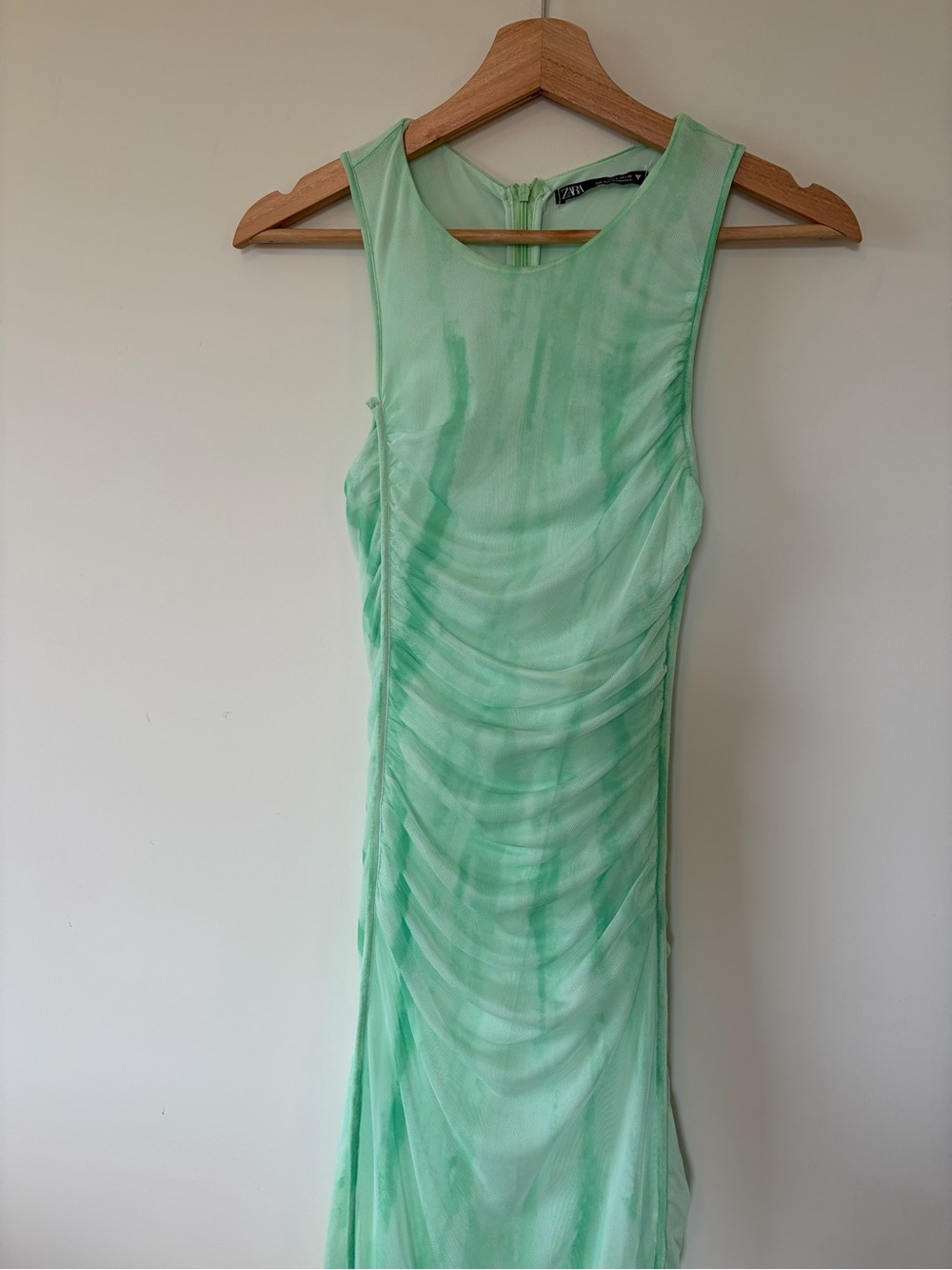 Zara Mesh Midi Dress Ruched Tie Dye Bodycon High Neck Stretch